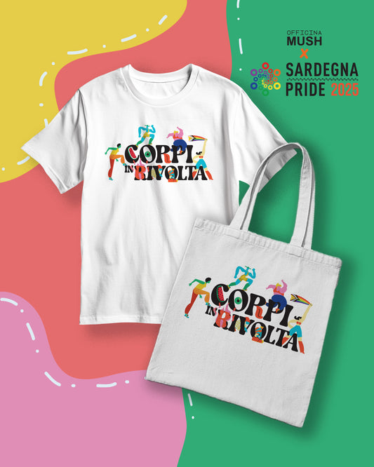 BUNDLE SARDEGNA PRIDE 2025 - CORPI IN RIVOLTA - TOTE BAG + T-SHIRT Officina Mush x SARDEGNA PRIDE 2025